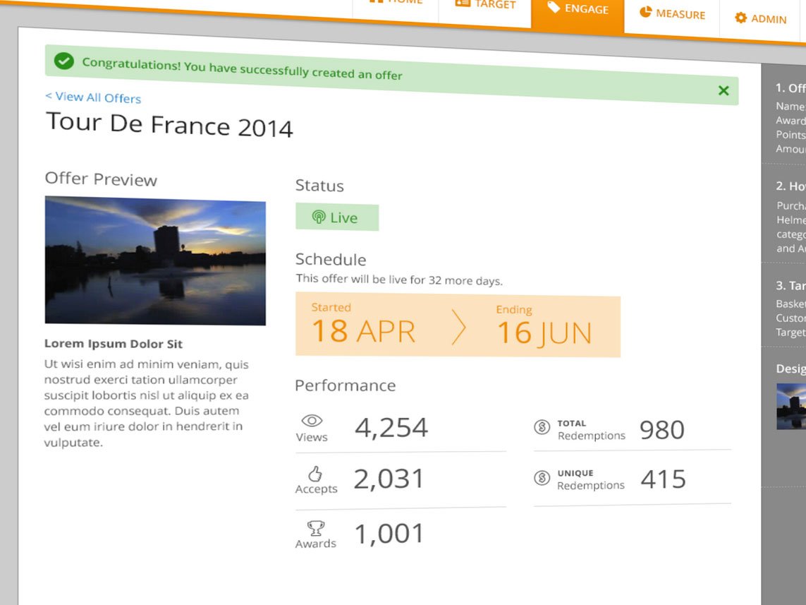 A screen from the product: an offer marked live, its schedule and its performance figures